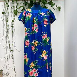 Vintage Blue/Pink/Yellow Tropical Floral Print, Short Sleeved, Dress, Kaftan, Mu